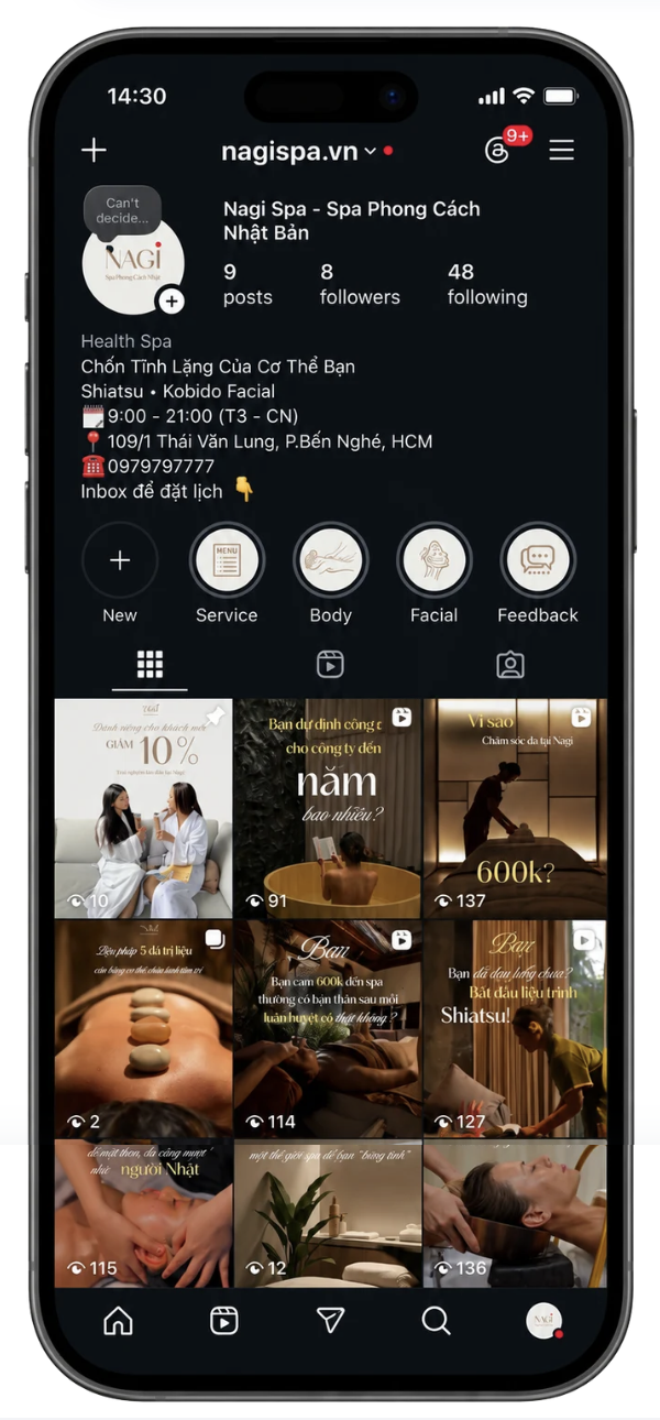 Instagram content strategy mockup for Nagi Spa